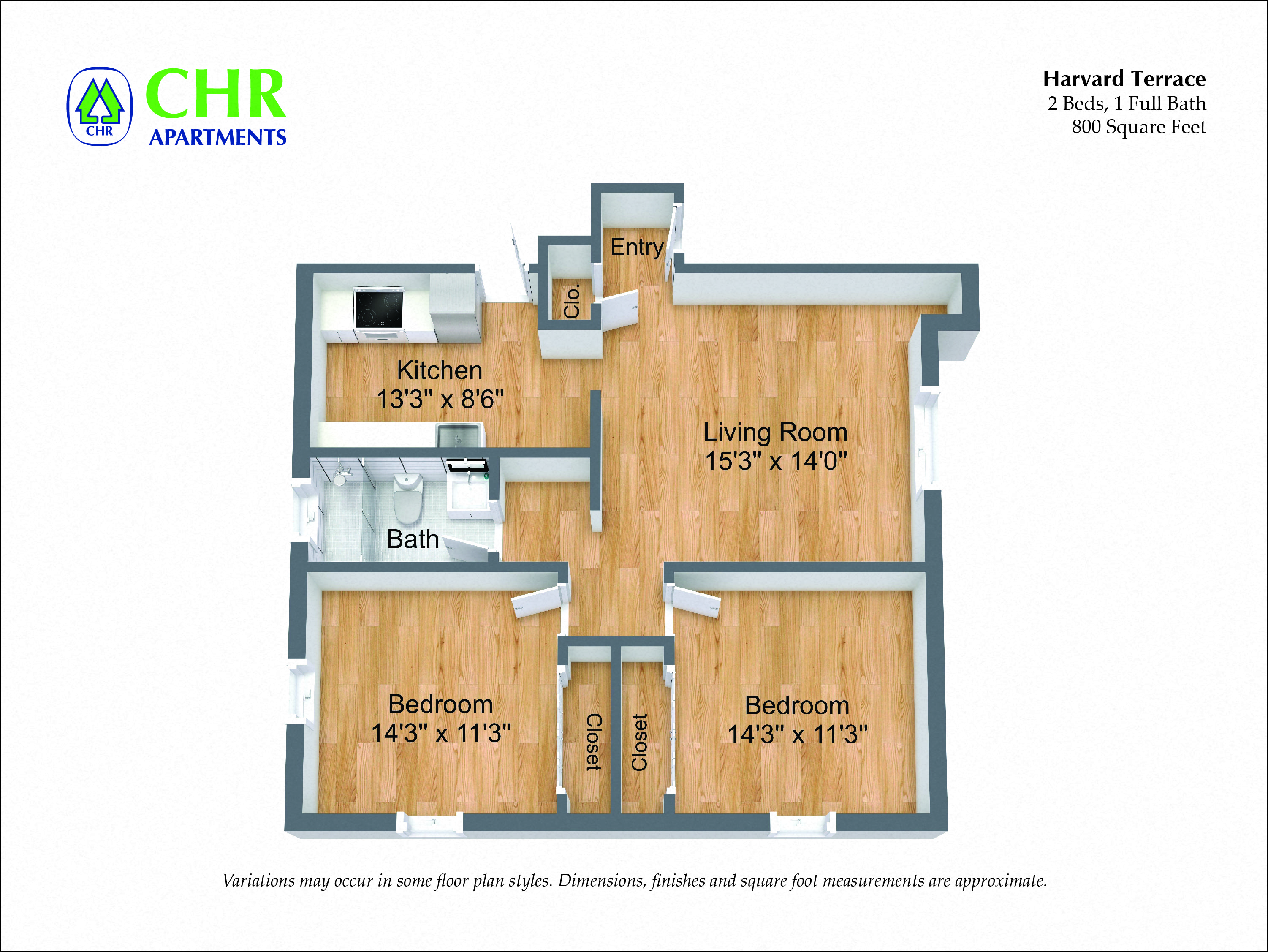 Floor plan for 2 beds, 1 bath, 800 sqft